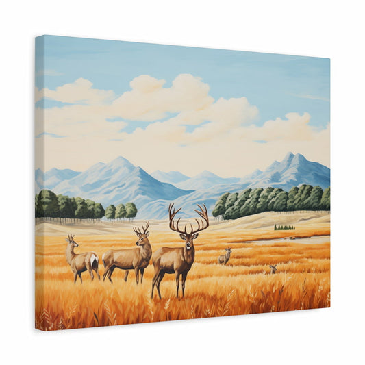Paint by numbers artwork of a herd of deer in a golden field with majestic antlers, green tree line, and distant blue mountains under a soft cloudy sky shown in a frame