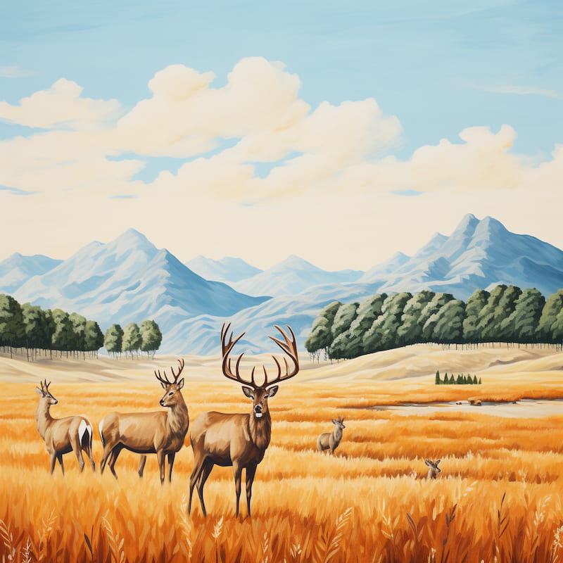 Paint by numbers artwork of a herd of deer in a golden field with majestic antlers, green tree line, and distant blue mountains under a soft cloudy sky