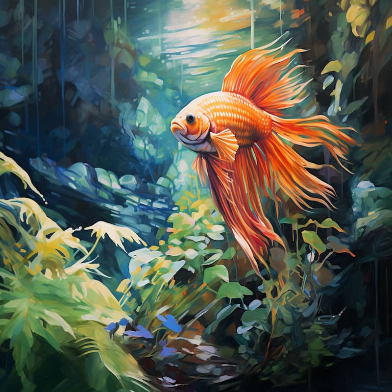A Paint by Numbers artwork of a golden-orange fish with flowing fins swimming gracefully in an underwater scene with plants and sunlight filtering through the water.
