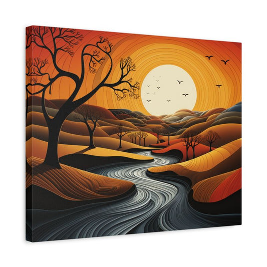 Paint by numbers kit of a golden sunset over rolling hills with a winding river and silhouetted trees shown in a frame.