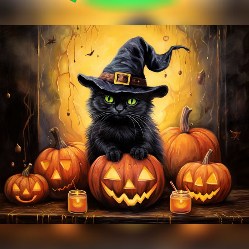 Paint by numbers artwork of a black cat in a witch hat surrounded by glowing jack-o-lantern pumpkins and candles in a magical Halloween scene