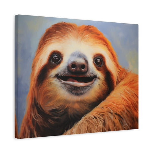 Paint by numbers of a smiling sloth with orange-brown fur and realistic details, perfect for animal art lovers shown in a frame.