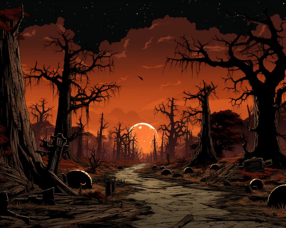 Paint by numbers artwork of a haunted forest under a blood moon with twisted trees, gravestones, and eerie orange sky