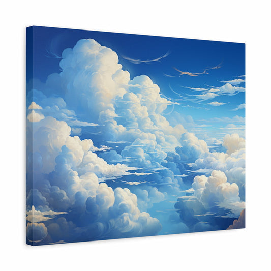 Paint by numbers artwork of a vast sky filled with towering fluffy clouds in shades of white and blue, glowing with sunlight against a deep blue backdrop shown in a frame