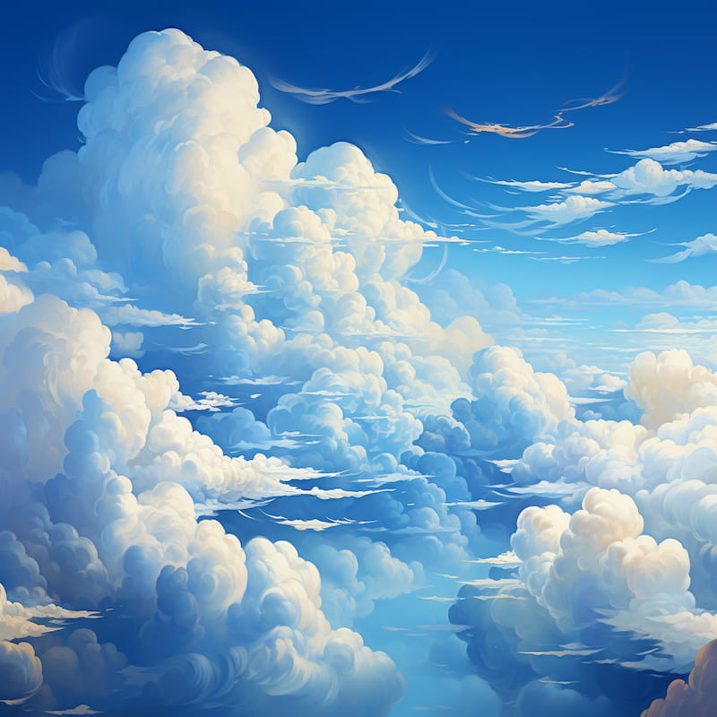 Paint by numbers artwork of a vast sky filled with towering fluffy clouds in shades of white and blue, glowing with sunlight against a deep blue backdrop