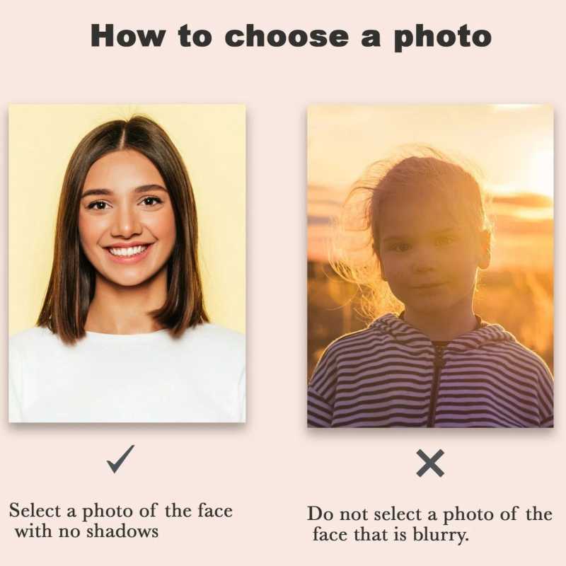 Guide showing how to choose a photo for custom diamond painting paintonnumbers.com: one clear, well-lit portrait versus a blurry, shadowed photo with poor lighting.