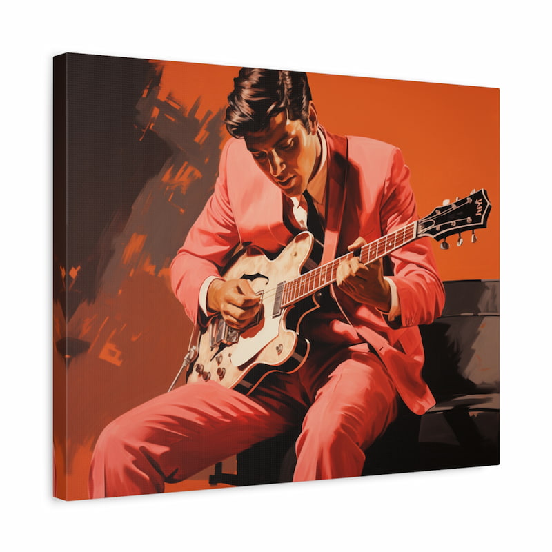 Paint by numbers artwork of a man in a pink suit playing an electric guitar against a bold orange background in a retro artistic style shown in a frame