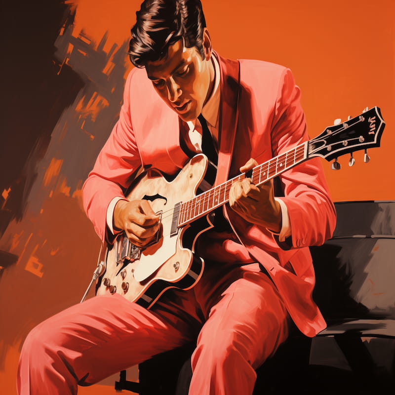 Paint by numbers artwork of a man in a pink suit playing an electric guitar against a bold orange background in a retro artistic style