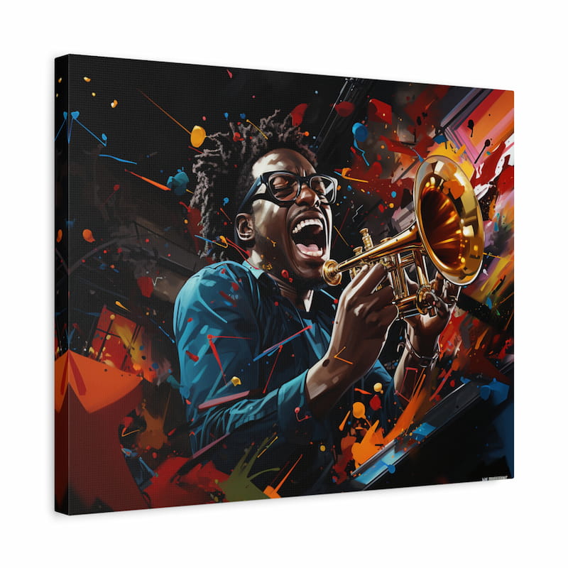 Paint by numbers artwork of a passionate jazz musician playing a golden trumpet with explosive colorful splashes surrounding him in dynamic motion shown in a frame
