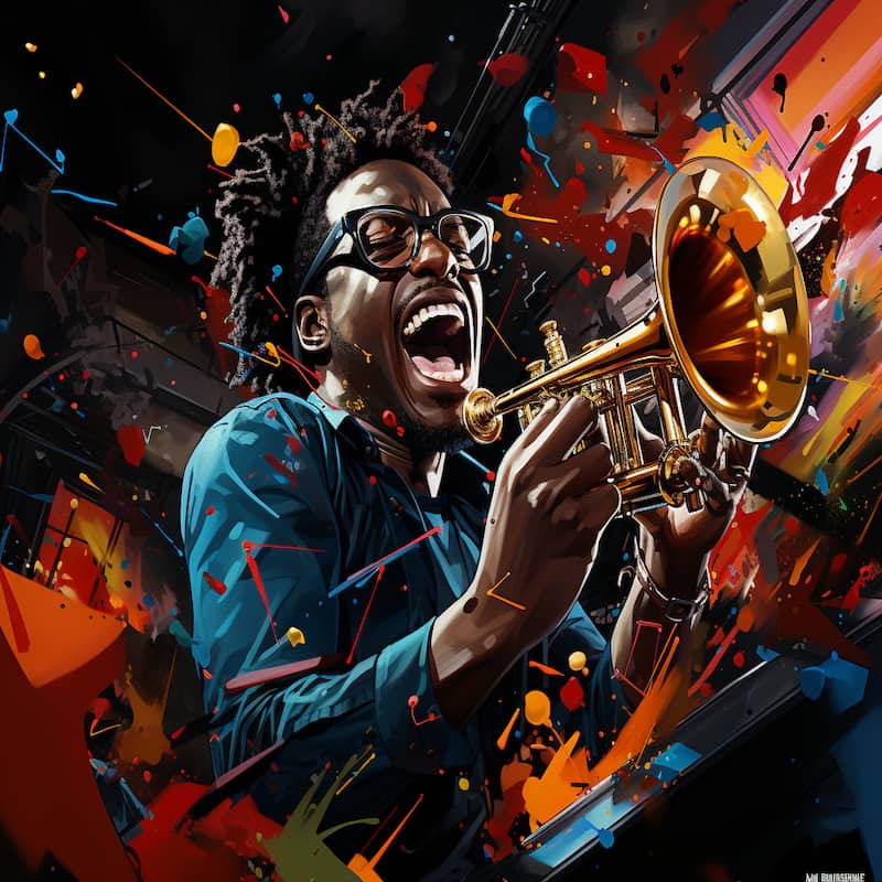 Paint by numbers artwork of a passionate jazz musician playing a golden trumpet with explosive colorful splashes surrounding him in dynamic motion