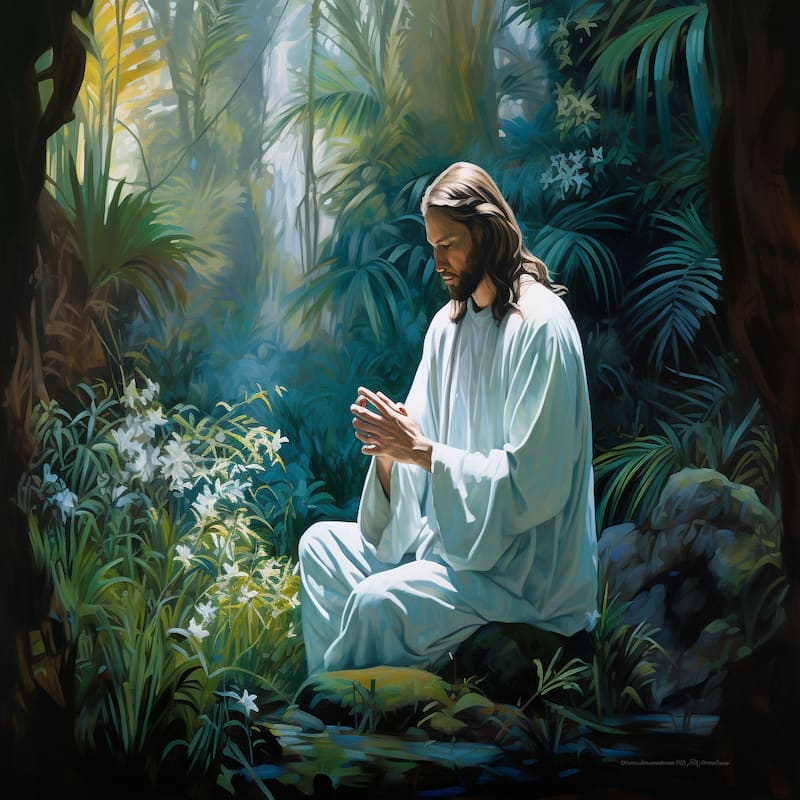 Paint by numbers kit of Jesus praying peacefully in a lush green garden with light shining around him.