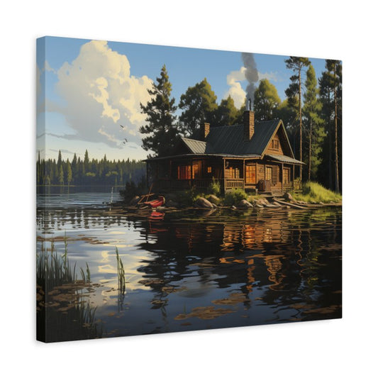 Paint by numbers of a cozy wooden cabin by a calm lake, surrounded by pine trees with warm glowing lights and reflections on the water shown in a frame