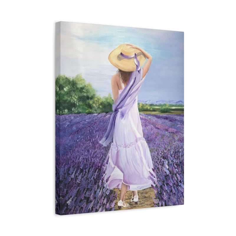 Woman in white and lavender dress with straw hat standing in a blooming lavender field, paint by numbers kit design shown in a frame