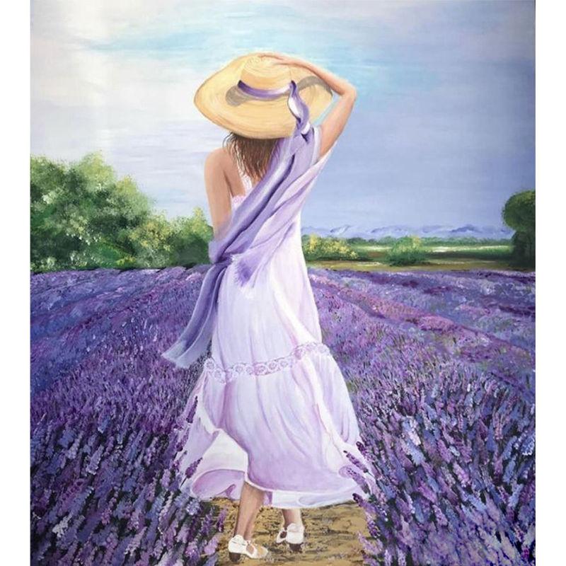 Woman in white and lavender dress with straw hat standing in a blooming lavender field – paint by numbers kit design