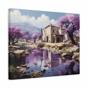 A rustic stone house surrounded by lavender trees with a purple-hued stream reflecting the blossoms shown in a frame