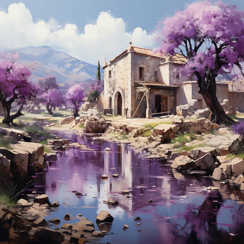 A rustic stone house surrounded by lavender trees with a purple-hued stream reflecting the blossoms.