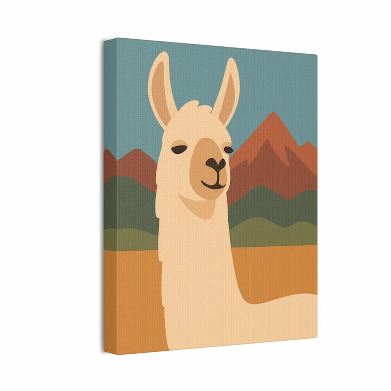 Minimalist illustration of a smiling llama with mountains in the background shown in a frame