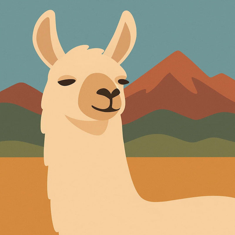 Minimalist illustration of a smiling llama with mountains in the background.