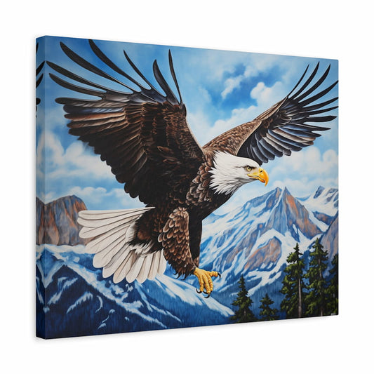 Paint by numbers artwork of a bald eagle soaring over snow-capped mountains with wings spread wide, symbolizing freedom and strength shown in a frame
