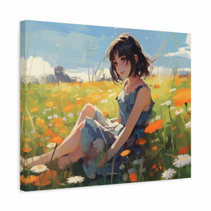 Paint by numbers artwork of a girl in a blue dress sitting peacefully in a meadow of daisies and orange flowers under a bright summer sky shown in a frame