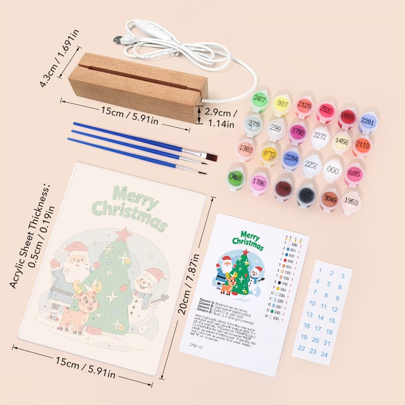 Christmas acrylic paint kit with a wooden block, white power cord, four blue paintbrushes, multiple small paint pots, an acrylic sheet with a Santa and Christmas tree illustration, an instruction sheet, and a numbered sticker sheet on a light beige background.