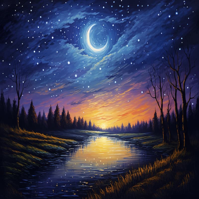 Moonlit river reflecting a glowing crescent moon and sunset sky over a forest.