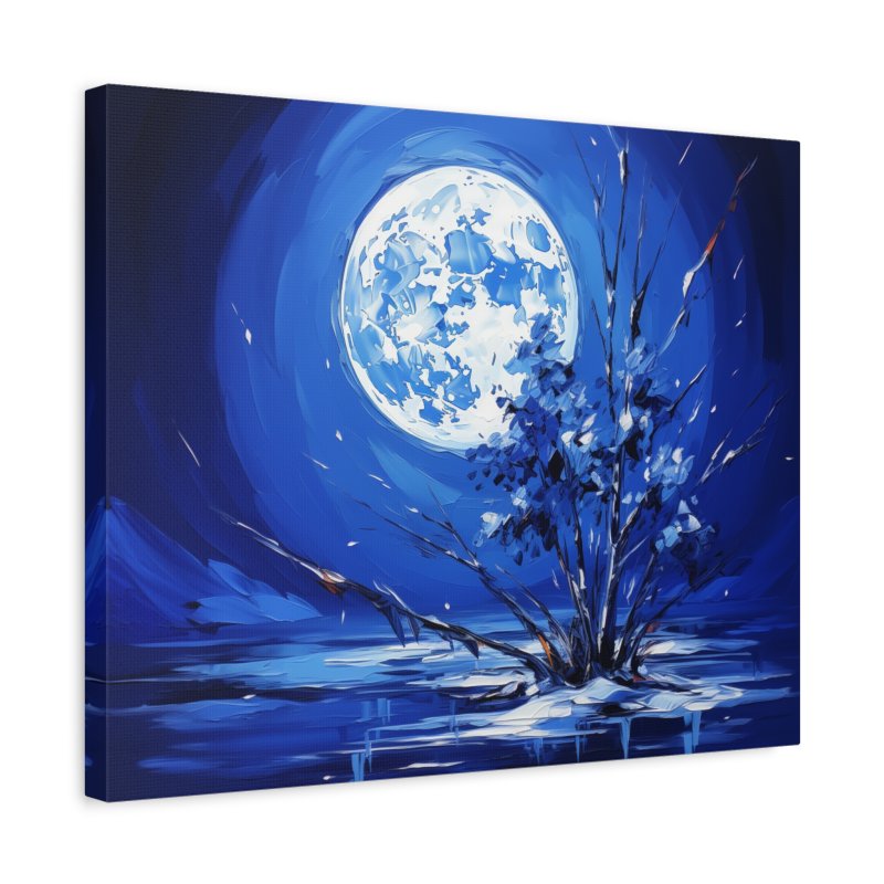 Paint by numbers of a glowing full moon above a tree on a frozen lake, painted in bold shades of deep blue and white with abstract brushstrokes shown in a frame