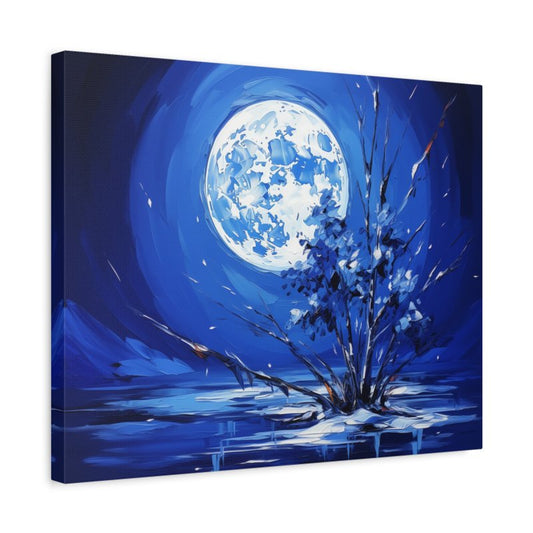 Paint by numbers of a glowing full moon above a tree on a frozen lake, painted in bold shades of deep blue and white with abstract brushstrokes shown in a frame
