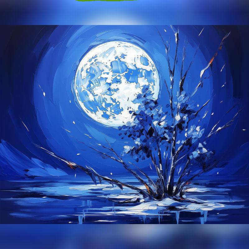 Paint by numbers of a glowing full moon above a tree on a frozen lake, painted in bold shades of deep blue and white with abstract brushstrokes.