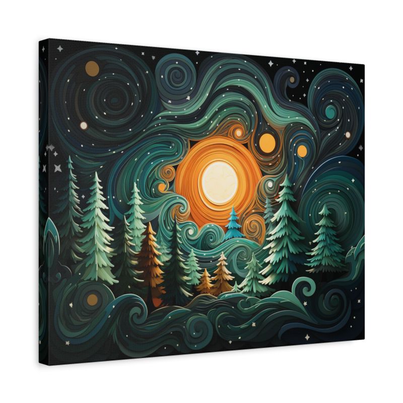Paint by numbers artwork of a surreal night forest with swirling teal skies, glowing golden moon, and tall pine trees under a starlit sky shown in a frame
