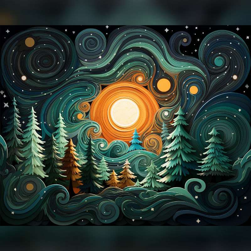 Paint by numbers artwork of a surreal night forest with swirling teal skies, glowing golden moon, and tall pine trees under a starlit sky
