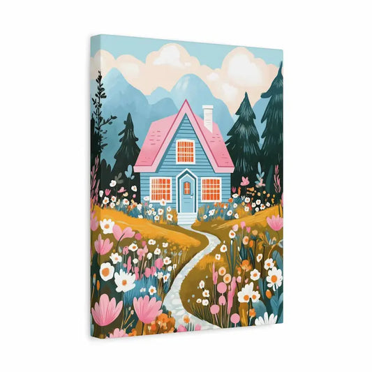 Charming blue cottage with pink roof surrounded by colorful wildflowers and forest, paint by numbers canvas shown in a frame