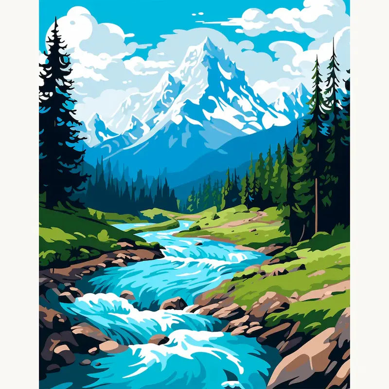 Morning Flow paint by numbers kit featuring a mountain stream, pine forest, and sunrise colors