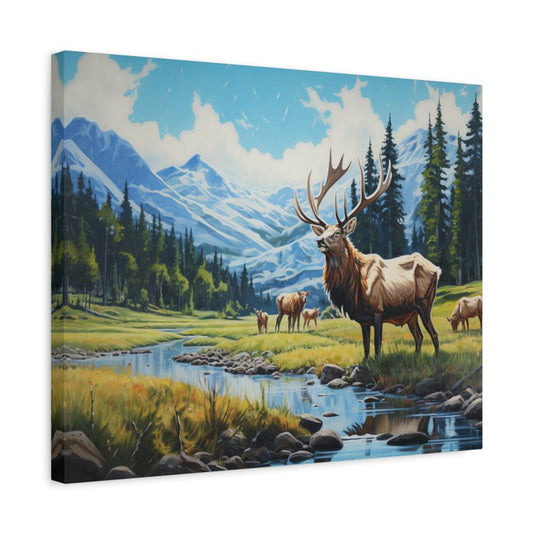 Paint by numbers artwork of a majestic elk with large antlers standing near a river in a mountain valley with snow-capped peaks and forest in the background shown in a frame