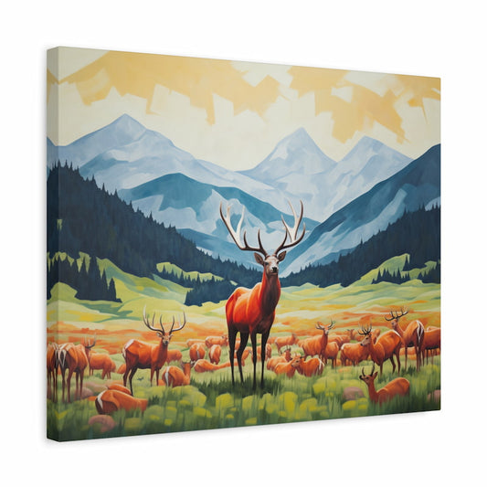 Paint by numbers artwork of a powerful stag with large antlers standing before a herd of deer in a mountain valley with towering peaks and golden sky shown in a frame