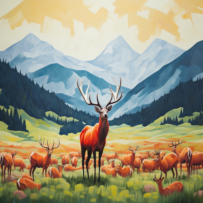 Paint by numbers artwork of a powerful stag with large antlers standing before a herd of deer in a mountain valley with towering peaks and golden sky