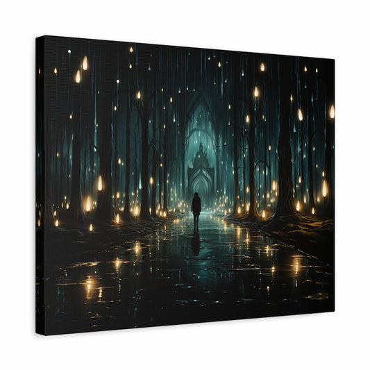 Paint by numbers artwork of a lone traveller walking through a glowing mystical forest with hanging lights and a gothic gate in the distance shown in a frame
