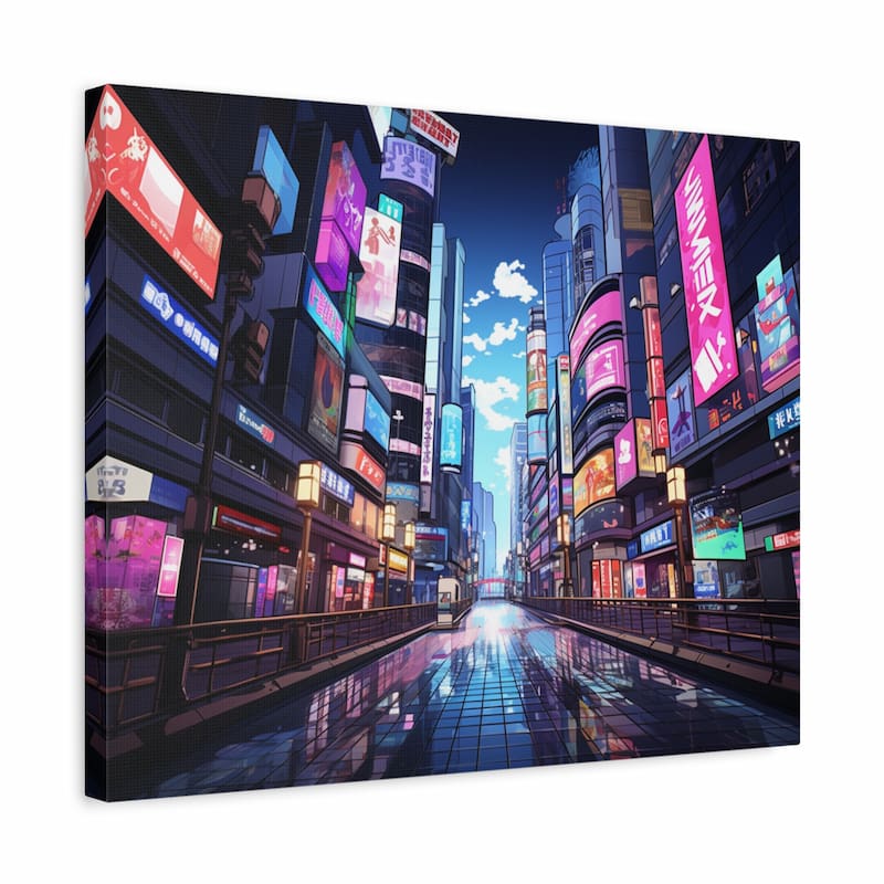 Paint by numbers artwork of a futuristic neon city street with glowing billboards, anime-style lighting, and reflections on wet pavement shown in a frame