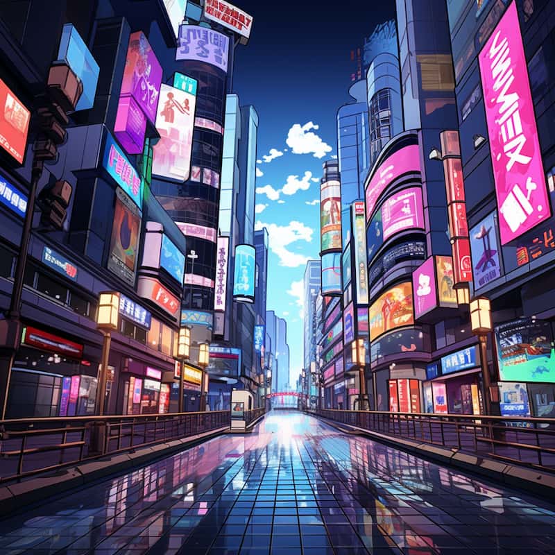 Paint by numbers artwork of a futuristic neon city street with glowing billboards, anime-style lighting, and reflections on wet pavement