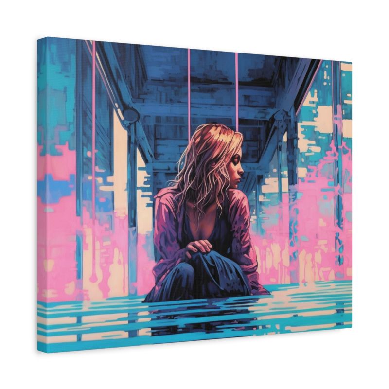 Young woman sitting in water with neon pink and blue city reflections – modern paint by numbers artwork shown in a frame