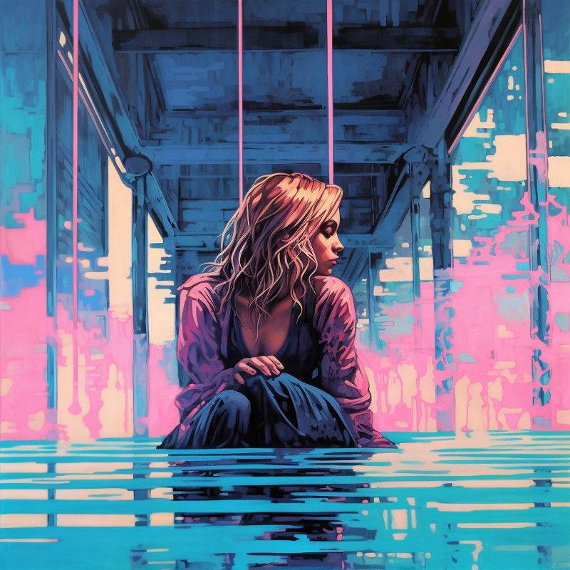 Young woman sitting in water with neon pink and blue city reflections – modern paint by numbers artwork.