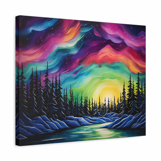 Northern Lights paint by numbers kit featuring a vibrant aurora borealis sky over snowy pine trees and a glowing night landscape shown in a frame.