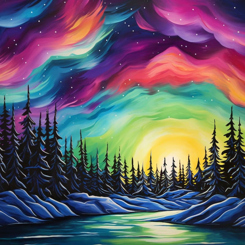 Northern Lights paint by numbers kit featuring a vibrant aurora borealis sky over snowy pine trees and a glowing night landscape.