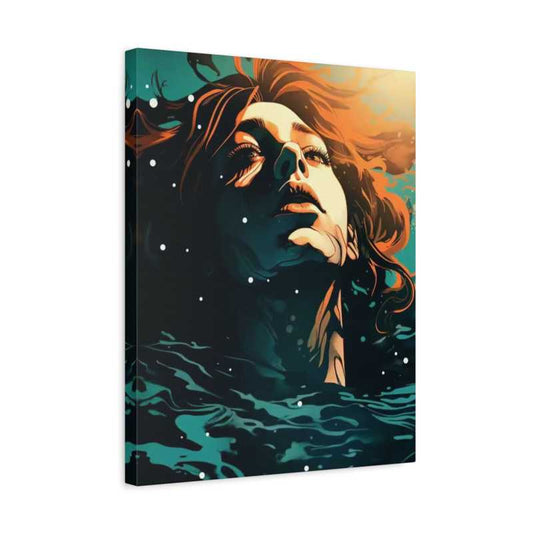 Canvas print of a stylized woman's face with flowing hair and water at the base on a white background