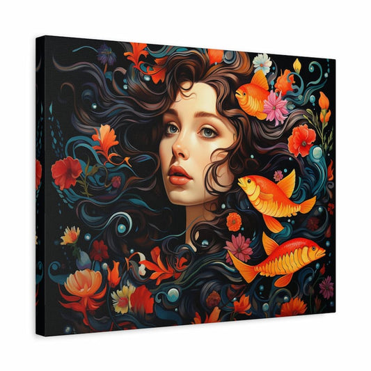 Paint by numbers artwork of a surreal woman with flowing dark hair blending into ocean waves, surrounded by goldfish and vibrant flowers in a fantasy aquatic style shown in a frame.