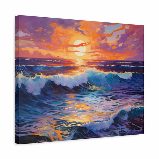 Paint by numbers artwork of a vibrant ocean sunset with crashing waves and glowing reflections on the water shown in a frame