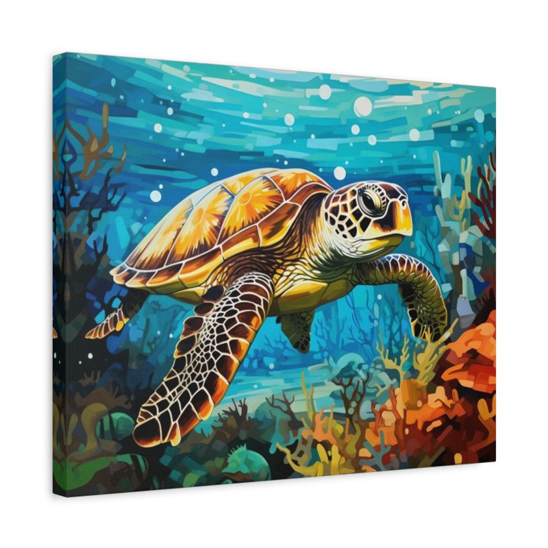 Colorful underwater sea turtle swimming among coral reefs – paint by numbers artwork shown in a frame