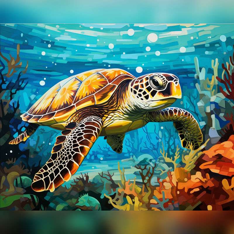 Colorful underwater sea turtle swimming among coral reefs – paint by numbers artwork.