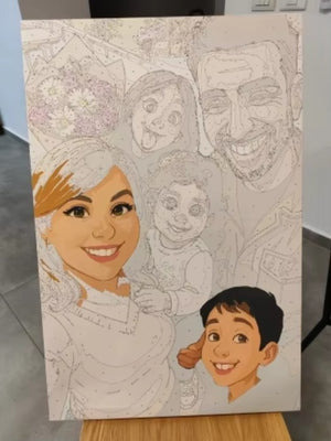 Paint by numbers canvas with illustrations of a family on a wooden surface.