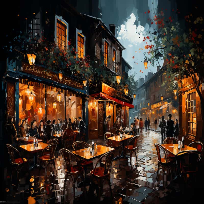 A glowing Parisian café scene at night with rainy cobblestone streets and golden lamplight.